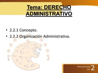 Tema: DERECHO
ADMINISTRATIVO
• 2.2.1 Concepto.
• 2.2.2 Organización Administrativa.
 