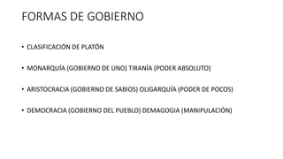 FORMAS DE GOBIERNO
• CLASIFICACIÓN DE PLATÓN
• MONARQUÍA (GOBIERNO DE UNO) TIRANÍA (PODER ABSOLUTO)
• ARISTOCRACIA (GOBIERNO DE SABIOS) OLIGARQUÍA (PODER DE POCOS)
• DEMOCRACIA (GOBIERNO DEL PUEBLO) DEMAGOGIA (MANIPULACIÓN)
 