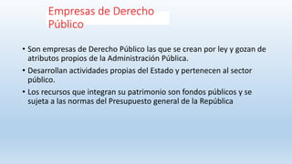 Empresas de Derecho
Público
• Son empresas de Derecho Público las que se crean por ley y gozan de
atributos propios de la Administración Pública.
• Desarrollan actividades propias del Estado y pertenecen al sector
público.
• Los recursos que integran su patrimonio son fondos públicos y se
sujeta a las normas del Presupuesto general de la República
 