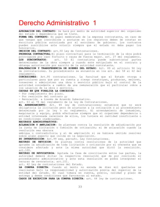Derecho Administrativo 1
____________________________________________________________________________________________
33
APROBACION DEL CONTRATO: Se hará por medio de autoridad superior del organismo
s ncia que se trate.del e tado o depende
FORMA DEL CONTRATO: En papel membretado de la empresa contratante, en caso de
que tengan que inscribirse o anotarse en los registros deben de constar en
escritura pública autorizada por el escribano de gobierno. Los contratos
pueden suscribirse ante notario siempre que el estado no deba pagar los
honorarios.
OMISION DEL CONTRATO: art.50 Ley de Contrataciones.
PRORROGA CONTRACTUAL:El plazo contractual para la terminación de la obra podrá
prorrogarse por caso fortuito o causa de fuerza mayor. art. 27 del reglamento.
LOS SUBCONTRATOS: art. 53 El contratista puede subcontratar partes
determinadas de la obra siempre y cuando este estipulado en el contrato y
or z r o o ntratante.obtenga aut i ación por esc it de la aut ridad co
ENAJENACION Y TRANSFERENCIA DE BIENES DEL ESTADO: Art. 89 al articulo 94 ley
de contrataciones. Su procedimiento se encuentra en los art. del 58 al 62 del
reglamento.
CONCESIONES: Art.95 contrataciones. La facultad que el Estado otorga a
particulares para que por su cuenta y riesgo construyan, produzcan, mejoren,
conserven o administren una obra o servicio público bajo el control de la
autoridad concedente a cambio de una remuneración que el particular cobre a
los usuarios de la obra o servicio.
CAUSAS EN QUE FINALIZA LA CONCESION:
- Por cumplimiento del plazo.
- Por rescisión del contrato y;
- Revocación a través de Acuerdo Gubernativo.
art. 63 al 70 del reglamento de la ley de Contrataciones.
EL ARRENDAMIENTO: Art. 44 ley de contrataciones; establece que no será
obligatoria la licitación pero se ajustaran a la cotización o al procedimiento
determinado por la ley o su reglamento. El arrendamiento de inmuebles,
maquinaria y equipo, podrá efectuarse siempre que el organismo dependencia o
entidad interesada careciere de ellos, los tuviere en cantidad insuficiente o
en condiciones inadecuadas.
RECURSOS ADMINISTRATIVOS:
ACLARACION Y AMPLIACION: Se plantean contra la resolución de adjudicación por
la junta de licitación o Comisión de cotización; el de aclaración cuando la
resolución sea obscura
ambigua o contradictoria y el de ampliación si se hubiere omitido resolver
b to que incida en la negociación.so re algún aspec
SU INTERPOSICION: Art.99 seg. párrafo. Ley Contrataciones.
RECURSO DE REVISION: Se plantea contra resoluciones de la autoridad que
apruebe la adjudicación de toda licitación o cotización por el oferente que se
considere afectado y ante la misma autoridad que dictó la resolución.
art.100.
RECURSO DE REVOCATORIA: Agotada la fase de conciliación entre las partes, la
autoridad deberá dictar la respectiva resolución que de por concluido el
procedimiento administrativo y ante esta resolución se podrá interponer el
recurso de revocatoria. art.101.
art. 42 Ley de contrataciones del Estado.
LA COMPRA DIRECTA: Cuando el monto no exceda de diez mil quetzales se
realizaran bajo la responsabilidad y autorización previa del superior de la
entidad del estado. El cual tomara en cuenta, precio, calidad y plazo de
g y n o s a al estado.entre a demás co dici ne que f vorezcan
CASOS DE EXCEPCION PARA LA COMPRA DIRECTA: art. 44 ley de contrataciones.
 