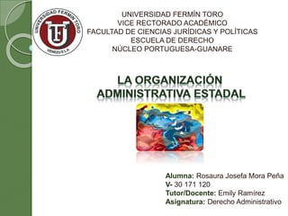 UNIVERSIDAD FERMÍN TORO
VICE RECTORADO ACADÉMICO
FACULTAD DE CIENCIAS JURÍDICAS Y POLÍTICAS
ESCUELA DE DERECHO
NÚCLEO PORTUGUESA-GUANARE
Alumna: Rosaura Josefa Mora Peña
V- 30 171 120
Tutor/Docente: Emily Ramírez
Asignatura: Derecho Administrativo
 