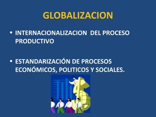 GLOBALIZACION
• INTERNACIONALIZACION DEL PROCESO
  PRODUCTIVO

• ESTANDARIZACIÓN DE PROCESOS
  ECONÓMICOS, POLITICOS Y SOCIALES.
 