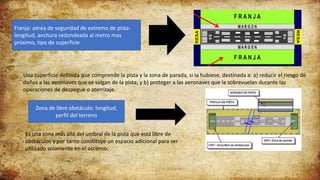 Franja: aérea de seguridad de extremo de pista-
longitud, anchura redondeada al metro mas
próximo, tipo de superficie
Una superficie definida que comprende la pista y la zona de parada, si la hubiese, destinada a: a) reducir el riesgo de
daños a las aeronaves que se salgan de la pista; y b) proteger a las aeronaves que la sobrevuelan durante las
operaciones de despegue o aterrizaje.
Zona de libre obstáculo: longitud,
perfil del terreno
Es una zona más allá del umbral de la pista que está libre de
obstáculos y por tanto constituye un espacio adicional para ser
utilizado solamente en el ascenso.
 