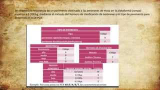 Se obtendrá la resistencia de un pavimento destinado a las aeronaves de masa en la plataforma (rampa)
superior a 5 700 kg, mediante el método del Número de clasificación de aeronaves y el tipo de pavimento para
determina el ACN-PCN
 