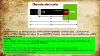 TODA
Es la distancia de útil de despegue que incluye umbral desplazado y Clearway. Sería TORA+Clearway
NOTA: La TODA NO puede ser más de 1,5 veces la TORA. Es decir no podríamos tener una Clearway un 60%
más larga que la pista
Stopway
Es una porción de terreno que se extiende después de la pista, apropiado como distancia de frenado en
caso de un aborto de despegue. ZONA DE PARADA
Clearway
Porción de mar o tierra, libre de obstáculos, en la cual el avión alcanzará la Screen heigh
Las dimensiones de la Clearway, se extenderán un mínimo de 75m a cada lado del eje de pista, o lo que es
lo mismo, un ancho de al menos 500ft.
 