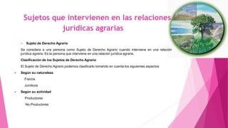 Sujetos que intervienen en las relaciones
jurídicas agrarias
 Sujeto de Derecho Agrario
Se considera a una persona como Sujeto de Derecho Agrario cuando interviene en una relación
jurídica agraria. Es la persona que interviene en una relación jurídica agraria.
Clasificación de los Sujetos de Derecho Agrario
El Sujeto de Derecho Agrario podemos clasificarlo tomando en cuenta los siguientes aspectos
 Según su naturaleza
Físicos
Jurídicos
 Según su actividad
Productores
No Productores
 