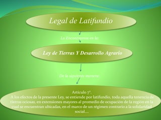 Legal de Latifundio
Ley de Tierras Y Desarrollo Agrario
Lo Encontramos en la:
De la siguiente manera:
Artículo 7°.
A los efectos de la presente Ley, se entiende por latifundio, toda aquella tenencia de
tierras ociosas, en extensiones mayores al promedio de ocupación de la región en la
cual se encuentran ubicadas, en el marco de un régimen contrario a la solidaridad
social….
 