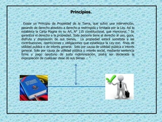 Existe un Principio de Propiedad de la Tierra, que sufrió una intervención,
pasando de derecho absoluto a derecho a restringida y limitada por la Ley. Así lo
establece la Carta Magna en su Art. N° 115 constitucional, que menciona; “ Se
garantiza el derecho a la propiedad. Toda persona tiene el derecho al uso, goce,
disfrute y disposición de sus bienes, La propiedad estará sometida a las
contribuciones, restricciones y obligaciones que establezca la Ley con fines de
utilidad publica o de interés general. Solo por causa de utilidad pública o interés
general. Solo por causa de utilidad pública o interés social, mediante sentencia
firme y pago oportuno de justa indemnización, podrá ser declarada la
expropiación de cualquier clase de sus bienes … “
Principios.
 