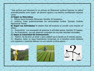 Toda persona que interviene en un proceso de Relaciones Jurídicas Agrarias, se califica
automáticamente como Sujeto de Derecho Agrario y se clasifica considerando aspectos
como;
A) Según su Naturaleza;
1.- Físicos; Seres Humanos (Personas). Ejemplo; El Campesino.
2.- Jurídicos; Entes gubernamentales con personalidad Jurídica. Ejemplo; Instituto
Nacional de Tierras.
B) Según sus Actividades; El destino final del producto se concibe como importe en
dinero.
1).- Productores; Los encargados de gestionar la actividad agraria. Ejemplo; El Capataz.
2).- No Productores; Los que observan e impulsan los recursos naturales renovables.
C) Según la Intensidad del Ordenamiento;
1).- Positivo; Ha de tener un poder u otra cualidad que lo faculte en el carácter agrario.
2).- Negativo; Quien no sigue lineamientos enmarcado en el beneficio social mediante
una organismo y pretenda delinquir en una relación jurídica-agraria.
 