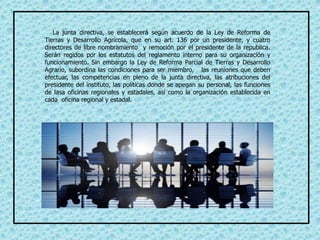 La junta directiva, se establecerá según acuerdo de la Ley de Reforma de
Tierras y Desarrollo Agrícola, que en su art. 136 por un presidente, y cuatro
directores de libre nombramiento y remoción por el presidente de la republica.
Serán regidos por los estatutos del reglamento interno para su organización y
funcionamiento. Sin embargo la Ley de Reforma Parcial de Tierras y Desarrollo
Agrario, subordina las condiciones para ser miembro, las reuniones que deben
efectuar, las competencias en pleno de la junta directiva, las atribuciones del
presidente del instituto, las políticas donde se apegan su personal, las funciones
de lasa oficinas regionales y estadales, así como la organización establecida en
cada oficina regional y estadal.
 