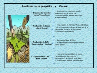  Inclusión de Ganados
Llanos Venezolanos
Problemas , área geográfica y Causas:
.- No cuentan con destrezas para la
implementación de tecnología.
.- Son limitadas las posibles soluciones
al medio externo.
 Producción de Cacao
Litoral Central
 Producción de Café
Zonas Andina y Barinas
.- Importación de Mano de Obra desde áfrica.
.- El incremento económico se dio a raíz de la
producción de cacao, lo que genero
excedentes de producción
.- Escases de Mano de Obra
.- Fue solicitada al vecino país Colombia,
fuerza laboral
 Explotación de Oro
Zona Oriental
.- Las ganancias quedaban en pocos,
(Terratenientes, distribuidores y
comerciantes) sin invertir en el Agro.
.- Solicitada en Antillas, mano de obra
 
