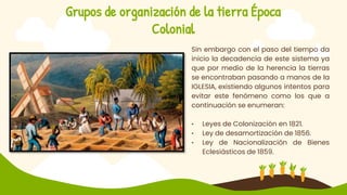 Grupos de organización de la tierra Época
Colonial
Sin embargo con el paso del tiempo da
inicio la decadencia de este sistema ya
que por medio de la herencia la tierras
se encontraban pasando a manos de la
IGLESIA, existiendo algunos intentos para
evitar este fenómeno como los que a
continuación se enumeran:
• Leyes de Colonización en 1821.
• Ley de desamortización de 1856.
• Ley de Nacionalización de Bienes
Eclesiásticos de 1859.
 