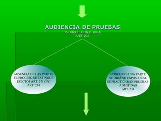 AUDIENCIA DE PRUEBAS
15 DÍAS FECHA Y HORA
ART. 233

AUSENCIA DE LAS PARTES
EL PROCESO SE EXTINGUE
EFECTOS ART. 271 CPC
ART. 234

CONCURRE UNA PARTE
SE OIRÁ SU EXPOS. ORAL
SE PRACTICARÁN PRUEBAS
ADMITIDAS
ART. 234

 