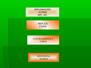 IMPUGNACIÓN
10 DÍAS
ART. 251

RÉPLICA
5 DÍAS

CONTRARRÉPLICA
5 DÍAS

SENTENCIA
30 DÍAS

 