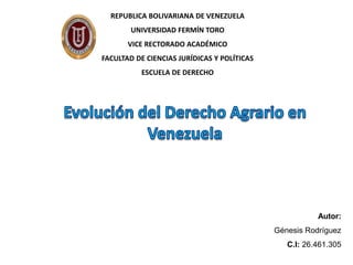 REPUBLICA BOLIVARIANA DE VENEZUELA
UNIVERSIDAD FERMÍN TORO
VICE RECTORADO ACADÉMICO
FACULTAD DE CIENCIAS JURÍDICAS Y POLÍTICAS
ESCUELA DE DERECHO
Autor:
Génesis Rodríguez
C.I: 26.461.305
 