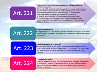 • Fijación de los hechos controvertidos, apertura del lapso probatorio y
admisión de pruebas.
• El tribunal hará la fijación de los hechos y de los límites dentro de los cuales
quedó trabada la relación sustancial controvertida, fijando un lapso dentro
del cual se deberán evacuar las pruebas que por su complejidad o
naturaleza no puedan evacuarse en la audiencia probatoria.
• Se abrirá el lapso probatorio de 5 días para promover las pruebas.
• Al día siguiente del vencimiento del plazo, el juez tomará en cuenta la
complejidad de las pruebas y fijará un tiempo para su revisión, no mayor a
30 días continuos.
Art. 221
• Audiencia de pruebas
• Luego de verificada la audiencia preliminar y la evacuación de las pruebas,
el juez deberá fijar en los siguientes 15 días la fecha y hora de la audiencia
probatoria.
Art. 222
• ¿Cuándo se extingue el proceso?
• Cuando ninguna de las dos partes asiste a la audiencia probatoria, de
asistir solo una de las partes, se escuchará su exposición y se practicarán
las pruebas anteriormente admitidas; esto no ocurrirá con la parte
faltante.
Art. 223
• - Prueba de las partes
• Luego de la exposición oral, tanto del demandante como del demandado,
se recibirán las pruebas de ambas partes, no se aceptarán lecturas de
textos al menos que sea algún instrumento documental o elementos
difíciles de recordar.
Art. 224
 