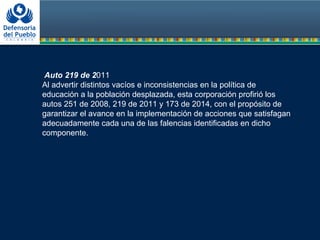Auto 219 de 2011
Al advertir distintos vacíos e inconsistencias en la política de
educación a la población desplazada, esta corporación profirió los
autos 251 de 2008, 219 de 2011 y 173 de 2014, con el propósito de
garantizar el avance en la implementación de acciones que satisfagan
adecuadamente cada una de las falencias identificadas en dicho
componente.
 
 