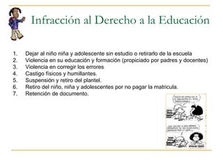 Infracción al Derecho a la Educación Dejar al niño niña y adolescente sin estudio o retirarlo de la escuela Violencia en su educación y formación (propiciado por padres y docentes) Violencia en corregir los errores Castigo físicos y humillantes. Suspensión y retiro del plantel. Retiro del niño, niña y adolescentes por no pagar la matricula. Retención de documento. 