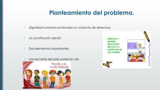 Planteamiento del problema.
 Dignidad humana contempla un conjunto de derechos.
 La constitución del 63.
 Dos elementos importantes.
 Las escuelas del país padecen de:
 