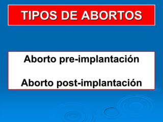 TIPOS DE ABORTOS


Aborto pre-implantación

Aborto post-implantación
 