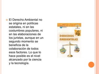 El Derecho Ambiental no se origina en políticas estatales, ni en las costumbres populares, ni en las elaboraciones de los juristas, aunque en un segundo momento se beneficia de la colaboración de todos esos factores. Lo que lo hace posible es el nivel alcanzado por la ciencia y la tecnología.