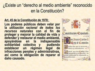 ¿Tenemos “derecho al medio ambiente”?
Artículo 45:
“Los poderes públicos deben velar por la
utilización racional de todos los recursos
naturales con el fin de proteger y mejorar la
calidad de vida y defender y restaurar el
medio ambiente, apoyándose en la
indispensable solidaridad colectiva y
pudiendo establecer un régimen legal de
infracciones penales y administrativas, así
como la obligación de reparar el daño
causado”
 