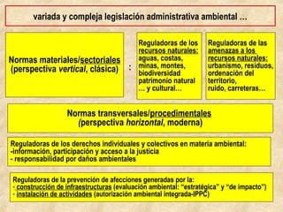 Normas materiales/sectoriales
(perspectiva vertical, clásica)
Normas transversales/procedimentales
(perspectiva horizontal, moderna)
Reguladoras de los derechos individuales y colectivos en materia ambiental:
-información, participación y acceso a la justicia
- responsabilidad por daños ambientales
Reguladoras de los
RRNN:
aguas, costas,
minas, montes,
biodiversidad
patrimonio natural
… y cultural…
¿Cuál es el Derecho administrativo ambiental?
Reguladoras de las
amenazas a los
RRNN:
urbanismo, residuos,
ordenación del
territorio,
ruido, carreteras…
Reguladoras de la prevención de afecciones generadas por la:
- construcción de infraestructuras (evaluación ambiental: “estratégica” y “de impacto”)
- instalación de actividades (autorización ambiental integrada-IPPC)
:
 