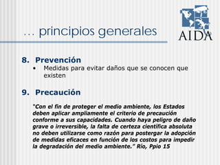 … principios generales
8. Prevención
• Medidas para evitar daños que se conocen que
existen
9. Precaución
“Con el fin de proteger el medio ambiente, los Estados
deben aplicar ampliamente el criterio de precaución
conforme a sus capacidades. Cuando haya peligro de daño
grave o irreversible, la falta de certeza científica absoluta
no deben utilizarse como razón para postergar la adopción
de medidas eficaces en función de los costos para impedir
la degradación del medio ambiente.” Río, Ppio 15
 