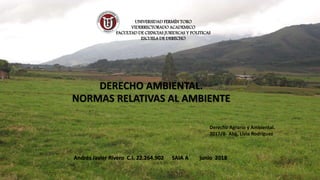 DERECHO AMBIENTAL.
NORMAS RELATIVAS AL AMBIENTE
UNIVERSIDAD FERMÍN TORO
VIDERRECTORADO ACADEMICO
FACULTAD DE CIENCIAS JURIDICAS Y POLITICAS
ESCUELA DE DERECHO
Derecho Agrario y Ambiental.
2017/B- Abg. Livia Rodríguez
Andrés Javier Rivero C.I. 22.264.902 SAIA A junio 2018
 