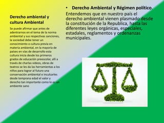Derecho ambiental y
cultura Ambiental
• Derecho Ambiental y Régimen político.
Entendemos que en nuestro país el
derecho ambiental vienen plasmado desde
la constitución de la Republica, hasta las
diferentes leyes orgánicas, especiales,
estadales, reglamentos y ordenanzas
municipales.
Se puede afirmar que antes de
adentrarnos en el tema de la norma
ambiental y sus respectivas sanciones,
la sociedad debe tener un
conocimiento o cultura previa en
materia ambiental, en la mayoría de
países en vías de desarrollo esta
cultura inicia desde los primeros
grados de educación preescolar, allí a
través de charlas videos, obras de
teatros se les da las herramientas a los
niños para lograr al futuro una
conservación ambiental e inculcarles
desde temprana edad el valor y
derecho tan importante como lo es un
ambiente sano
 