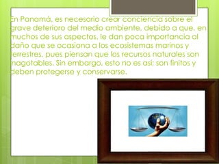 En Panamá, es necesario crear conciencia sobre el
grave deterioro del medio ambiente, debido a que, en
muchos de sus aspectos, le dan poca importancia al
daño que se ocasiona a los ecosistemas marinos y
terrestres, pues piensan que los recursos naturales son
inagotables. Sin embargo, esto no es así; son finitos y
deben protegerse y conservarse.
 