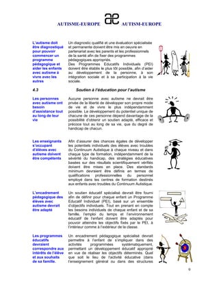 AUTISME-EUROPE                            AUTISM-EUROPE


L’autisme doit        Un diagnostic qualifié et une évaluation spécialisée
être diagnostiqué     et permanente doivent être mis en oeuvre en
pour pouvoir          partenariat avec les parents et les professionnels
commencer un          de la santé afin de fixer des programmes
programme             pédagogiques appropriés.
pédagogique et        Des Programmes Educatifs Individuels (PEI)
aider les enfants     doivent être établis le plus tôt possible, afin d’aider
avec autisme à        au développement de la personne, à son
vivre avec les        intégration sociale et à sa participation à la vie
autres                sociale.

4.3                       Soutien à l’éducation pour l’autisme

Les personnes         Aucune personne avec autisme ne devrait être
avec autisme ont      privée de la liberté de développer son propre mode
besoin                de vie et de vivre le plus indépendamment
d’assistance tout     possible. Le développement du potentiel unique de
au long de leur       chacune de ces personne dépend davantage de la
vie                   possibilité d’obtenir un soutien adapté, efficace et
                      précoce tout au long de sa vie, que du degré de
                      handicap de chacun.


Les enseignants       Afin d’assurer des chances égales de développer
s’occupant            les potentiels individuels des élèves avec troubles
d’élèves avec         du Continuum Autistique à chaque niveau et dans
autisme doivent       chaque type de formation, indépendamment de la
être compétents       sévérité du handicap, des stratégies éducatives
                      basées sur des résultats scientifiquement vérifiés
                      doivent être mises en place. Des standards
                      minimum devraient être définis en termes de
                      qualifications professionnelles du personnel
                      employé dans les centres de formation destinés
                      aux enfants avec troubles du Continuum Autistique.

L’encadrement         Un soutien éducatif spécialisé devrait être fourni
pédagogique des       afin de définir pour chaque enfant un Programme
élèves avec           Educatif Individuel (PEI), basé sur un ensemble
autisme devrait       d’objectifs individuels. Tout en prenant en compte
être adapté           les besoins individuels de chaque enfant et de sa
                      famille, l’emploi du temps et l’environnement
                      éducatif de l’enfant doivent être adaptés pour
                      pouvoir atteindre les objectifs fixés par le PEI, à
                      l’intérieur comme à l’extérieur de la classe.

Les programmes        Un encadrement pédagogique spécialisé devrait
éducatifs             permettre à l’enfant de s’impliquer dans des
devraient             activités   programmées         systématiquement,
correspondre aux      permettant un développement éducatif approprié
intérêts de l’élève   en vue de réaliser les objectifs déterminés. Quel
et aux souhaits       que soit le lieu de l’activité éducative (dans
de sa famille.        l’enseignement général ou dans des structures

                                                                                9
 