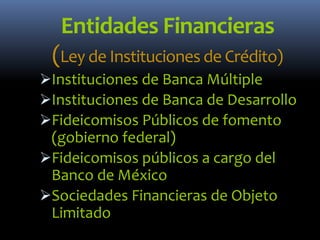 Entidades Financieras
(Ley de Instituciones de Crédito)
Instituciones de Banca Múltiple
Instituciones de Banca de Desarrollo
Fideicomisos Públicos de fomento
(gobierno federal)
Fideicomisos públicos a cargo del
Banco de México
Sociedades Financieras de Objeto
Limitado
 