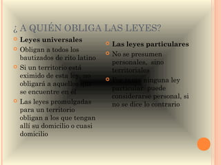 ¿ A QUIÉN OBLIGA LAS LEYES?
   Leyes universales              Las leyes particulares
   Obligan a todos los            No se presumen
    bautizados de rito latino
                                    personales, sino
   Si un territorio está           territoriales
    eximido de esta ley, no        Por tanto ninguna ley
    obligará a aquellos que
                                    particular puede
    se encuentre en él
                                    considerarse personal, si
   Las leyes promulgadas           no se dice lo contrario
    para un territorio
    obligan a los que tengan
    allí su domicilio o cuasi
    domicilio
 