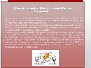  Cuando un acto es nulo de pleno derecho, no tiene ningún efecto jurídico, y cualquier juez
debería aplicar la nulidad de oficio. También se le conoce como nulidad absoluta. Por ejemplo,
un Reglamento ilegal, será siempre declarado nulo.
 Cuando un acto es anulable, existen unos interesados que pueden pedir la anulación del mismo.
Mientras tanto, el acto es válido. También se le conoce como nulidad relativa. Por ejemplo, un
Acto Administrativo, será siempre declarado anulable.
 En el caso que nos ocupa, el motivo principal de anulabilidad de un acto procede de la ausencia
de capacidad de la persona que lo firmó. En este caso, cuando la persona adquiere capacidad
necesaria, puede optar por anular el acto si así lo desea, o mantenerlo como está (subsanarlo).
 Por ello, en el caso de un contrato, la persona que contrató con un menor de edad puede
encontrarse con la anulación del mismo (si el menor cuando alcanza la mayoría de edad, o su
representante antes de eso, así lo estiman), pero no podría solicitarlo él a un juez. Con ello, se
busca la protección de la parte más débil.
 