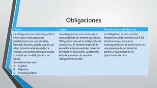 Obligaciones 
Oliver Lastra Fundamentos de derecho 
La obligación es el vínculo jurídico 
Las obligaciones son una clase o 
entre dos o mas personas 
modalidad de los deberes jurídicas. 
mediante la cual una de ellas, 
Obligación natural, la obligación de 
llamada deudor, queda sujeta con 
conciencia. El derecho natural el 
otra, denominada acreedor, a 
acreedor esta privado del derecho 
realizar una prestación que puede 
de existir la ejecución, su derecho 
consistir en un dad, hacer o no 
esta desprovisto de sanción. 
hacer. 
Obligaciones civiles 
Sus elementos son: 
A. Sujetos 
B. Objetivo 
C. Vinculo jurídico 
La obligación es una noción 
fundamental del derecho civil. Es 
strictus sensu; esta es la 
contrapartida en el patrimonio de 
una persona de un derecho 
personal que existe en el 
patrimonio de otra. 
 