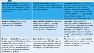 Derecho de Usufructo: se define a la 
persona denominada usufructuaria de 
usar y disfrutar un bien de otra llamada 
nudo propietario, durante un tiempo 
determinado 
El derecho sucesorio encuentra su 
fundamento racional en la necesidad de 
que la muerte no rompa la relaciones de 
quien cesa de existir 
la posesión: se define como el poder de 
hecho que se ejerce sobre una cosa que 
bien pueden o no coincidir con la 
propiedad. En concepto pueden ser 
corpus es la posesión consiste en actos 
materiales. El animus es la voluntad del 
poseedor de tener la cosa del 
propietario y de servicie para sus fines 
Derecho real de uso: este no es 
susceptible de enajenación 
arrendamiento o gravamen 
La sucesión hereditaria, comprende el 
patrimonio formado por “todos los 
bienes que no se extinguen por la 
muerte, con las obligaciones que 
afectan el valor de esos bienes” 
Usucapión: titulo genérico de 
prescripción, norma paralelamente la 
prescripción positiva o negativa. Esto es 
concesiones de origen y de épocas 
diferentes ; es un medio de adquirir 
bienes durante el transcurso de cierto 
tiempo y bajo condiciones establecidas 
por ley 
Derecho real de habitación: por el cual 
una persona tiene la facultad de habitar 
una casa de manera gratuita. Su 
objetivo consiste en un uso que se limita 
a habitar una casa; es vitalicio y no es 
susceptible de enajenarse, gravarse o 
arrendarse, es gratuito 
Sucesión testamentaria: “un acto 
personalizado revocable y libre, por el 
cual una persona capaz dispone de sus 
bienes y derechos y declara o cumple 
deberes para después de su muerte”. 
Accesión, dispone que la propiedad de 
los bienes da derecho a todo lo que ellos 
producen, se les unen o incorporan 
natural o artificialmente. 
 