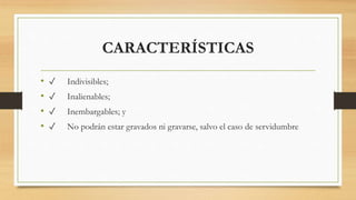 CARACTERÍSTICAS
• ✓ Indivisibles;
• ✓ Inalienables;
• ✓ Inembargables; y
• ✓ No podrán estar gravados ni gravarse, salvo el caso de servidumbre
 
