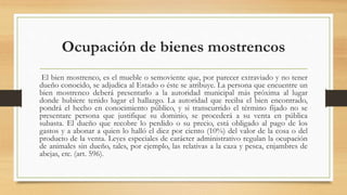 Ocupación de bienes mostrencos
El bien mostrenco, es el mueble o semoviente que, por parecer extraviado y no tener
dueño conocido, se adjudica al Estado o éste se atribuye. La persona que encuentre un
bien mostrenco deberá presentarlo a la autoridad municipal más próxima al lugar
donde hubiere tenido lugar el hallazgo. La autoridad que reciba el bien encontrado,
pondrá el hecho en conocimiento público, y si transcurrido el término fijado no se
presentare persona que justifique su dominio, se procederá a su venta en pública
subasta. El dueño que recobre lo perdido o su precio, está obligado al pago de los
gastos y a abonar a quien lo halló el diez por ciento (10%) del valor de la cosa o del
producto de la venta. Leyes especiales de carácter administrativo regulan la ocupación
de animales sin dueño, tales, por ejemplo, las relativas a la caza y pesca, enjambres de
abejas, etc. (art. 596).
 