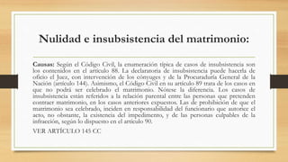 Nulidad e insubsistencia del matrimonio:
Causas: Según el Código Civil, la enumeración típica de casos de insubsistencia son
los contenidos en el artículo 88. La declaratoria de insubsistencia puede hacerla de
oficio el Juez, con intervención de los cónyuges y de la Procuraduría General de la
Nación (artículo 144). Asimismo, el Código Civil en su artículo 89 trata de los casos en
que no podrá ser celebrado el matrimonio. Nótese la diferencia. Los casos de
insubsistencia están referidos a la relación parental entre las personas que pretenden
contraer matrimonio, en los casos anteriores expuestos. Las de prohibición de que el
matrimonio sea celebrado, inciden en responsabilidad del funcionario que autorice el
acto, no obstante, la existencia del impedimento, y de las personas culpables de la
infracción, según lo dispuesto en el artículo 90.
VER ARTÍCULO 145 CC
 