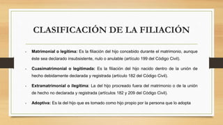 CLASIFICACIÓN DE LA FILIACIÓN
• Matrimonial o legítima: Es la filiación del hijo concebido durante el matrimonio, aunque
éste sea declarado insubsistente, nulo o anulable (artículo 199 del Código Civil).
• Cuasimatrimonial o legitimada: Es la filiación del hijo nacido dentro de la unión de
hecho debidamente declarada y registrada (artículo 182 del Código Civil).
• Extramatrimonial o ilegítima: La del hijo procreado fuera del matrimonio o de la unión
de hecho no declarada y registrada (artículos 182 y 209 del Código Civil).
• Adoptiva: Es la del hijo que es tomado como hijo propio por la persona que lo adopta
 