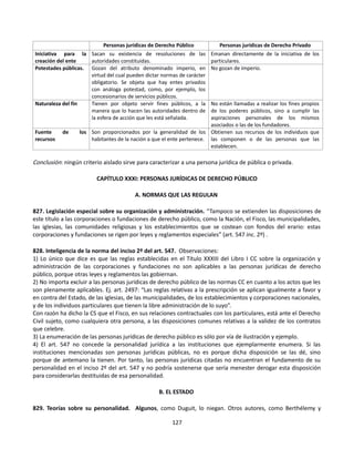 Personas jurídicas de Derecho Público Personas jurídicas de Derecho Privado
Iniciativa para la
creación del ente
Sacan su existencia de resoluciones de las
autoridades constituidas.
Emanan directamente de la iniciativa de los
particulares.
Potestades públicas. Gozan del atributo denominado imperio, en
virtud del cual pueden dictar normas de carácter
obligatorio. Se objeta que hay entes privados
con análoga potestad, como, por ejemplo, los
concesionarios de servicios públicos.
No gozan de imperio.
Naturaleza del fin Tienen por objeto servir fines públicos, a la
manera que lo hacen las autoridades dentro de
la esfera de acción que les está señalada.
No están llamadas a realizar los fines propios
de los poderes públicos, sino a cumplir las
aspiraciones personales de los mismos
asociados o las de los fundadores.
Fuente de los
recursos
Son proporcionados por la generalidad de los
habitantes de la nación a que el ente pertenece.
Obtienen sus recursos de los individuos que
las componen o de las personas que las
establecen.
Conclusión: ningún criterio aislado sirve para caracterizar a una persona jurídica de pública o privada.
CAPÍTULO XXXI: PERSONAS JURÍDICAS DE DERECHO PÚBLICO
A. NORMAS QUE LAS REGULAN
827. Legislación especial sobre su organización y administración. “Tampoco se extienden las disposiciones de
este título a las corporaciones o fundaciones de derecho público, como la Nación, el Fisco, las municipalidades,
las iglesias, las comunidades religiosas y los establecimientos que se costean con fondos del erario: estas
corporaciones y fundaciones se rigen por leyes y reglamentos especiales” (art. 547 inc. 2º) .
828. Inteligencia de la norma del inciso 2º del art. 547. Observaciones:
1) Lo único que dice es que las reglas establecidas en el Título XXXIII del Libro I CC sobre la organización y
administración de las corporaciones y fundaciones no son aplicables a las personas jurídicas de derecho
público, porque otras leyes y reglamentos las gobiernan.
2) No importa excluir a las personas jurídicas de derecho público de las normas CC en cuanto a los actos que les
son plenamente aplicables. Ej. art. 2497: “Las reglas relativas a la prescripción se aplican igualmente a favor y
en contra del Estado, de las iglesias, de las municipalidades, de los establecimientos y corporaciones nacionales,
y de los individuos particulares que tienen la libre administración de lo suyo”.
Con razón ha dicho la CS que el Fisco, en sus relaciones contractuales con los particulares, está ante el Derecho
Civil sujeto, como cualquiera otra persona, a las disposiciones comunes relativas a la validez de los contratos
que celebre.
3) La enumeración de las personas jurídicas de derecho público es sólo por vía de ilustración y ejemplo.
4) El art. 547 no concede la personalidad jurídica a las instituciones que ejemplarmente enumera. Si las
instituciones mencionadas son personas jurídicas públicas, no es porque dicha disposición se las dé, sino
porque de antemano la tienen. Por tanto, las personas jurídicas citadas no encuentran el fundamento de su
personalidad en el inciso 2º del art. 547 y no podría sostenerse que sería menester derogar esta disposición
para considerarlas destituidas de esa personalidad.
B. EL ESTADO
829. Teorías sobre su personalidad. Algunos, como Duguit, lo niegan. Otros autores, como Berthélemy y
127
 