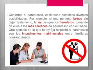  Conforme al parentesco, el derecho establece diversas
posibilidades. Por ejemplo, si una persona fallece sin
dejar testamento, la ley designa los herederos, tomando
de ellos a los más cercanos en parentesco con el finado.
Otro ejemplo de lo que la ley fija respecto al parentesco
son los impedimentos matrimoniales entre familiares
consanguíneos.
 