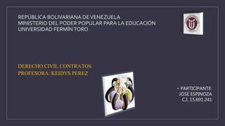 REPÚBLICA BOLIVARIANA DEVENEZUELA
MINISTERIO DEL PODER POPULAR PARA LA EDUCACIÓN
UNIVERSIDAD FERMÍNTORO
DERECHO CIVIL CONTRATOS
PROFESORA: KEIDYS PEREZ
• PARTICIPANTE:
JOSE ESPINOZA
C.I. 15.691.241
 