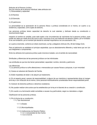 22
Atributos de la Persona Jurídica.
Son los mismos de la persona individual, tales atributos son:
1-) Personalidad y capacidad
2-) El Nombre
3-) El Domicilio
4-) El patrimonio.
La personalidad es la apreciación de la persona (física o jurídica) considerada en sí misma, en cuanto a su
existencia y capacidad, como sujeto de derecho.
Las personas jurídicas tienen capacidad de derecho la cual ostentan y disfrutan desde su constitución o
reconocimiento legal;
respecto al nombre es variable, pues está sujeto a las circunstancias de nacimiento de la persona jurídica, pues
puede ser dado por medio de la ley que la crea o reconoce si es una institución de derecho público, por el fundador
si es una fundación, por el nombre que decida la voluntad mayoritaria si es una asociación, etc.;
en cuanto al domicilio, conforme al criterio doctrinario, es fijo y obligatorio (Artículo 38 y 39 del Código Civil).
Para el patrimonio se establece el principio separatista, que es absolutamente diferente y nada tiene que ver con
sus integrantes o componentes.
Entre los atributos de la persona jurídica suele incluírse el estado, con el sentido de nacionalidad.
Similitudes y diferencias de las personas jurídicas con las individuales
Las similitudes es que las dos tienen personalidad, capacidad, nombre, domicilio y patrimonio.
Las diferencias:
1-) La persona jurídica no sufre alteraciones o menoscabos por causas físicas o psíquicas, ni por minoridad.
2-) Carece en absoluto del Derecho de Familia.
3-) Están impedidas de testar o de adquirir por testamento.
4-) En el aspecto penal, carecen de responsabilidad; si alguno de sus miembros o representantes obran al margen
de la ley o con infracción de la misma, como personal individualmente consideradas tienen responsabilidad penal.
5-) Carecen de derechos políticos o derechos ciudadanos.
6-) No pueden realizar otros actos que los establecidos por la ley en el decreto de su creación o constitución.
7-) En cuanto a su terminación están sometidas a causas muy partículares, según su naturaleza u origen.
Clasificación de las personas jurídicas.
1-) Por la forma de su constitución;
1.1-) Tipo Asociacional:
1.1.1-) Estado
1.1.2-) Municipalidades
1.1.3-) Instituciones de Derecho Público:
1.1.3.1-) Universidad de San Carlos
1.1.3.2-) I.G.S.S.
 