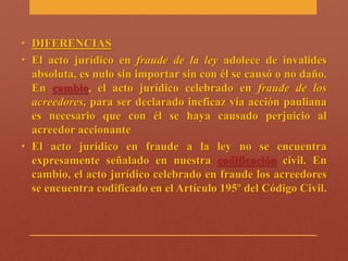 • DIFERENCIAS 
• El acto jurídico en fraude de la ley adolece de invalides 
absoluta, es nulo sin importar sin con él se causó o no daño. 
En cambio, el acto jurídico celebrado en fraude de los 
acreedores, para ser declarado ineficaz vía acción pauliana 
es necesario que con él se haya causado perjuicio al 
acreedor accionante 
• El acto jurídico en fraude a la ley no se encuentra 
expresamente señalado en nuestra codificación civil. En 
cambio, el acto jurídico celebrado en fraude los acreedores 
se encuentra codificado en el Artículo 195º del Código Civil. 
 