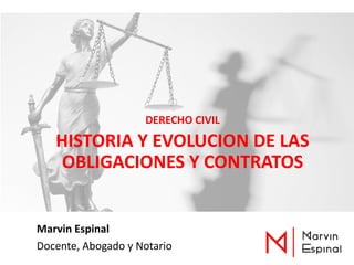 Marvin Espinal
Docente, Abogado y Notario
DERECHO CIVIL
HISTORIA Y EVOLUCION DE LAS
OBLIGACIONES Y CONTRATOS
 