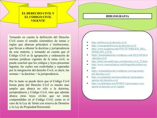 BIBLIOGRAFIA
 http://definicion.de/derecho-civil/
 http://conceptodefinicion.de/derecho-civil/
 http://www.academia.edu/9593787/ORIGEN_DEL_
DERECHO_CIVIL
 https://temasdederecho.wordpress.com/2012/04/04/el
-derecho-civil/
 http://html.rincondelvago.com/derecho-civil_25.html
 http://www.venezuelatuya.com/biografias/julianviso.
htm
 https://temasdederecho.wordpress.com/tag/ramas-
del-derecho-civil/
 http://es.slideshare.net/moisesfalcon1/principales-
aportes-del-derecho-civil
 http://es.slideshare.net/JENIGU1/personajes-y-su-
aporte-al-derecho-civil-vigente
EL DERECHO CIVIL Y
EL CODIGO CIVIL
VIGENTE
Tomando en cuenta la definición del Derecho
Civil como el estudio sistemático de ramas o
reglas que abarcan principios e instituciones,
que llevan a obtener la doctrina y jurisprudencia
de esta materia; y tomando en cuenta que el
Código Civil es la agrupación y ordenación de
normas jurídicas vigentes de la rama civil, se
puede concluir que los códigos y leyes presentan
lagunas, las cuales son controladas y superadas
por la integración del derecho Civil, es decir, las
normas + la doctrina + la jurisprudencia.
Por lo tanto se puede decir que el Código Civil
forma parte del Derecho Civil es mucho mas
amplio que abarca no sólo a la doctrina,
jurisprudencia y Código Civil, sino que además
abarca otras leyes civiles que no están
comprendidas en el Código Civil, como es el
caso de la Ley de Venta con reserva de Dominio
y la Ley de Propiedad Horizontal.
 
