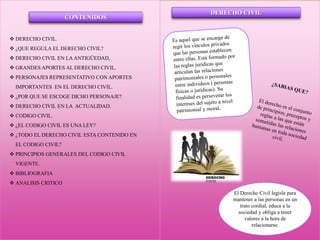  DERECHO CIVIL.
 ¿QUE REGULA EL DERECHO CIVIL?
 DERECHO CIVIL EN LA ANTIGÜEDAD.
 GRANDES APORTES AL DERECHO CIVIL.
 PERSONAJES REPRESENTATIVO CON APORTES
IMPORTANTES EN EL DERECHO CIVIL.
 ¿POR QUE SE ESCOGE DICHO PERSONAJE?
 DERECHO CIVIL EN LA ACTUALIDAD.
 CODIGO CIVIL.
 ¿EL CODIGO CIVIL ES UNA LEY?
 ¿TODO EL DERECHO CIVIL ESTA CONTENIDO EN
EL CODIGO CIVIL?
 PRINCIPIOS GENERALES DEL CODIGO CIVIL
VIGENTE.
 BIBLIOGRAFIA
 ANALISIS CRITICO
DERECHO CIVIL
CONTENIDOS
El Derecho Civil legisla para
mantener a las personas en un
trato cordial, educa a la
sociedad y obliga a tener
valores a la hora de
relacionarse.
 