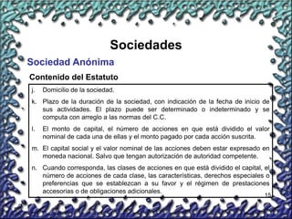15
Sociedades
Sociedad Anónima
Contenido del Estatuto
j. Domicilio de la sociedad.
k. Plazo de la duración de la sociedad, con indicación de la fecha de inicio de
sus actividades. El plazo puede ser determinado o indeterminado y se
computa con arreglo a las normas del C.C.
l. El monto de capital, el número de acciones en que está dividido el valor
nominal de cada una de ellas y el monto pagado por cada acción suscrita.
m. El capital social y el valor nominal de las acciones deben estar expresado en
moneda nacional. Salvo que tengan autorización de autoridad competente.
n. Cuando corresponda, las clases de acciones en que está dividido el capital, el
número de acciones de cada clase, las características, derechos especiales o
preferencias que se establezcan a su favor y el régimen de prestaciones
accesorias o de obligaciones adicionales.
 